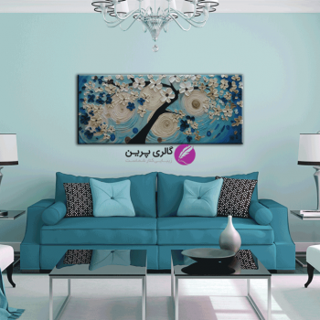 تابلو نقاشی درخت برجسته آبی و سفید، نقاشی شکوفه و درخت برجسته