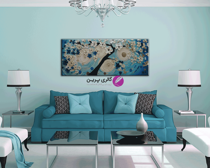 تابلو نقاشی درخت برجسته آبی و سفید، نقاشی شکوفه و درخت برجسته