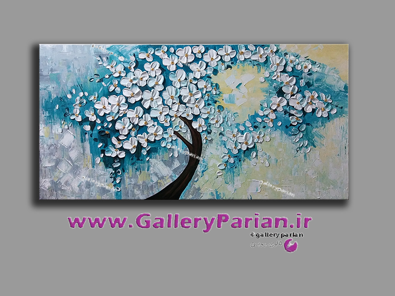 تابلو نقاشی مدرن،نقاشی گل برجسته،نقاشی درخت و شکوفه،نقاشی دکوراتیو،نقاشی گل آبی و سفید