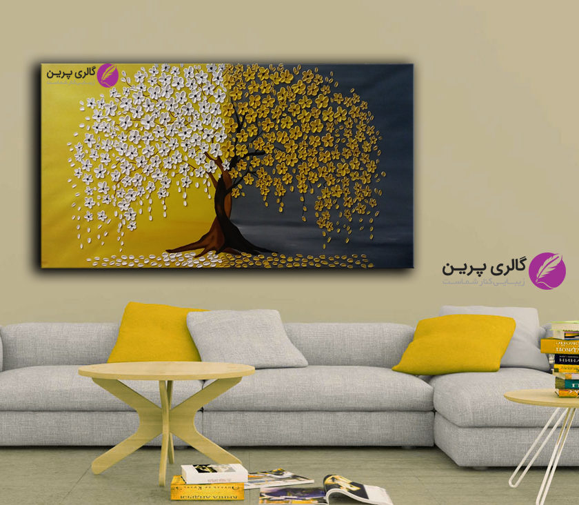 تابلو نقاشی برجسته درخت و شکوفه خردلی،نقاشی گل،نقاشی مدرن زرد و سفید،نقاشی گل برجسته،تابلو برجسته