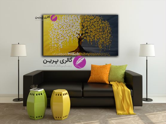 تابلو نقاشی برجسته درخت و شکوفه خردلی،نقاشی گل،نقاشی مدرن زرد و سفید،نقاشی گل برجسته،تابلو برجسته